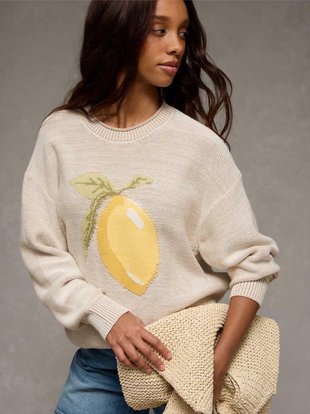 American Eagle Outfitters Oversized Big Hug Crewneck Lemon Sweater Large